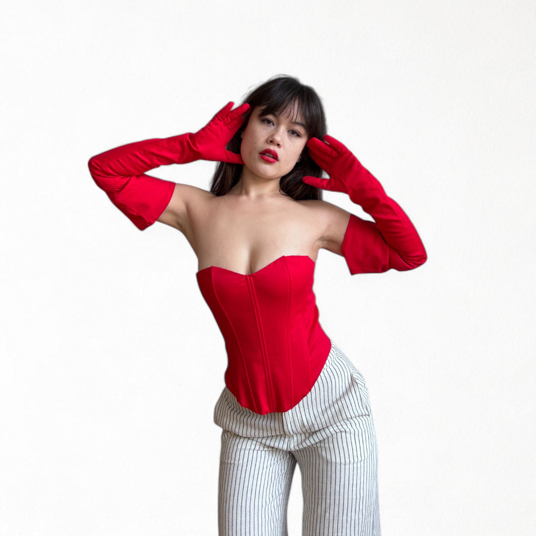 Red sweetheart corset with long gloves