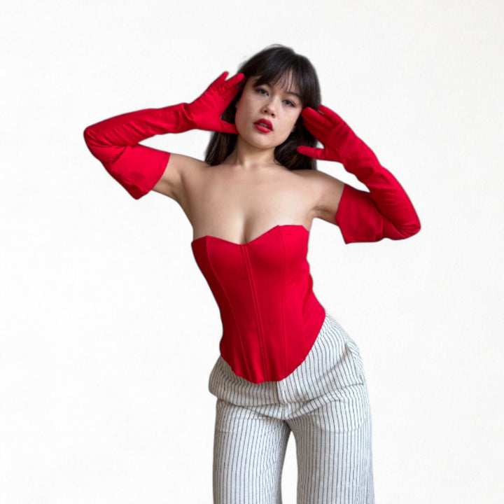 Red sweetheart corset with long gloves