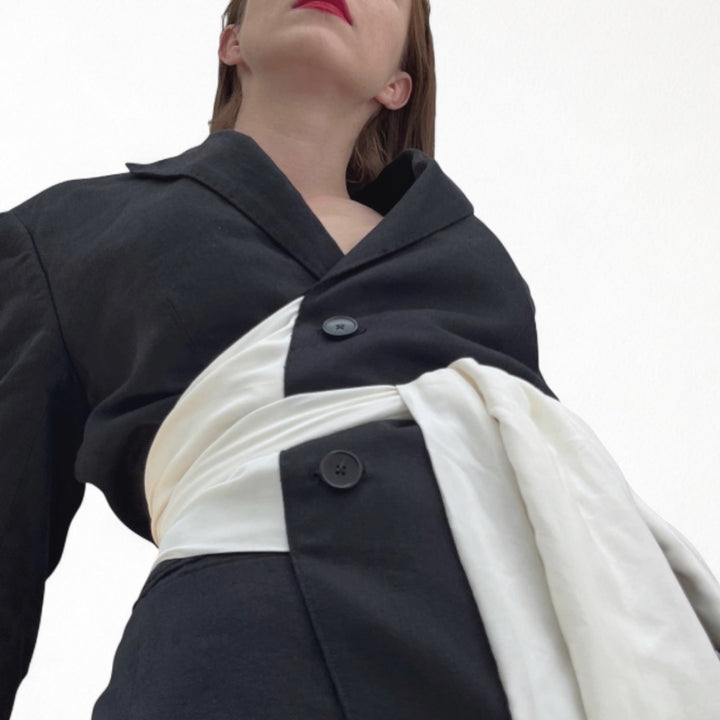 Reworked black blazer with white silk wrap ties