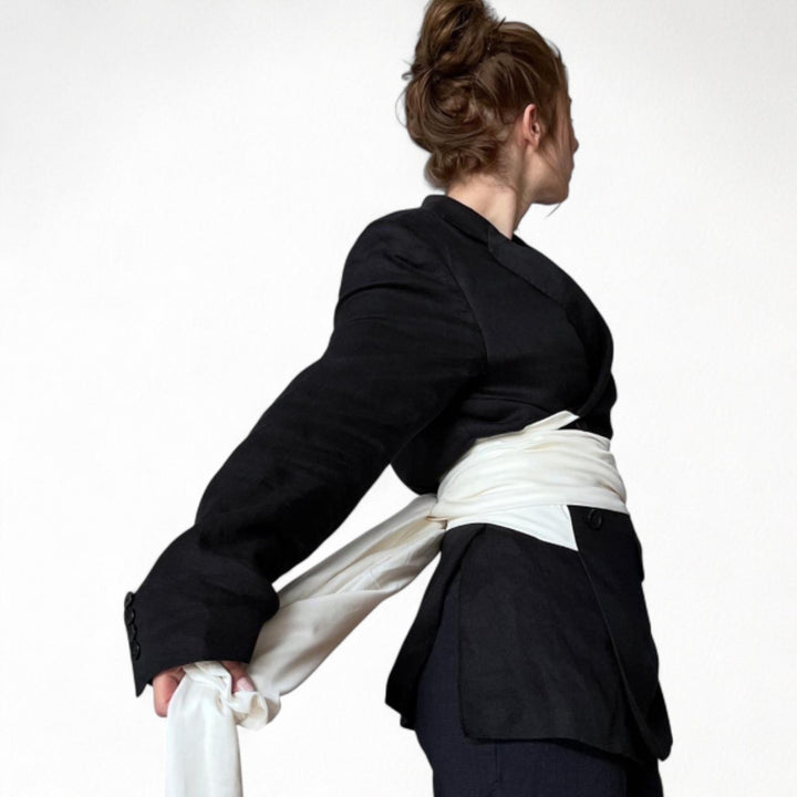 Reworked black blazer with white silk wrap ties