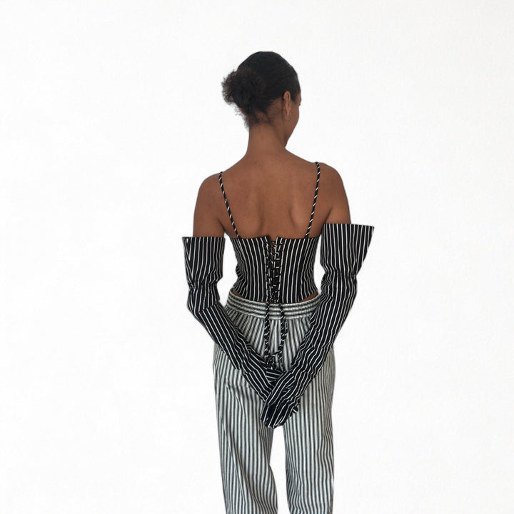 Black pinstripes sweetheart corset with long gloves