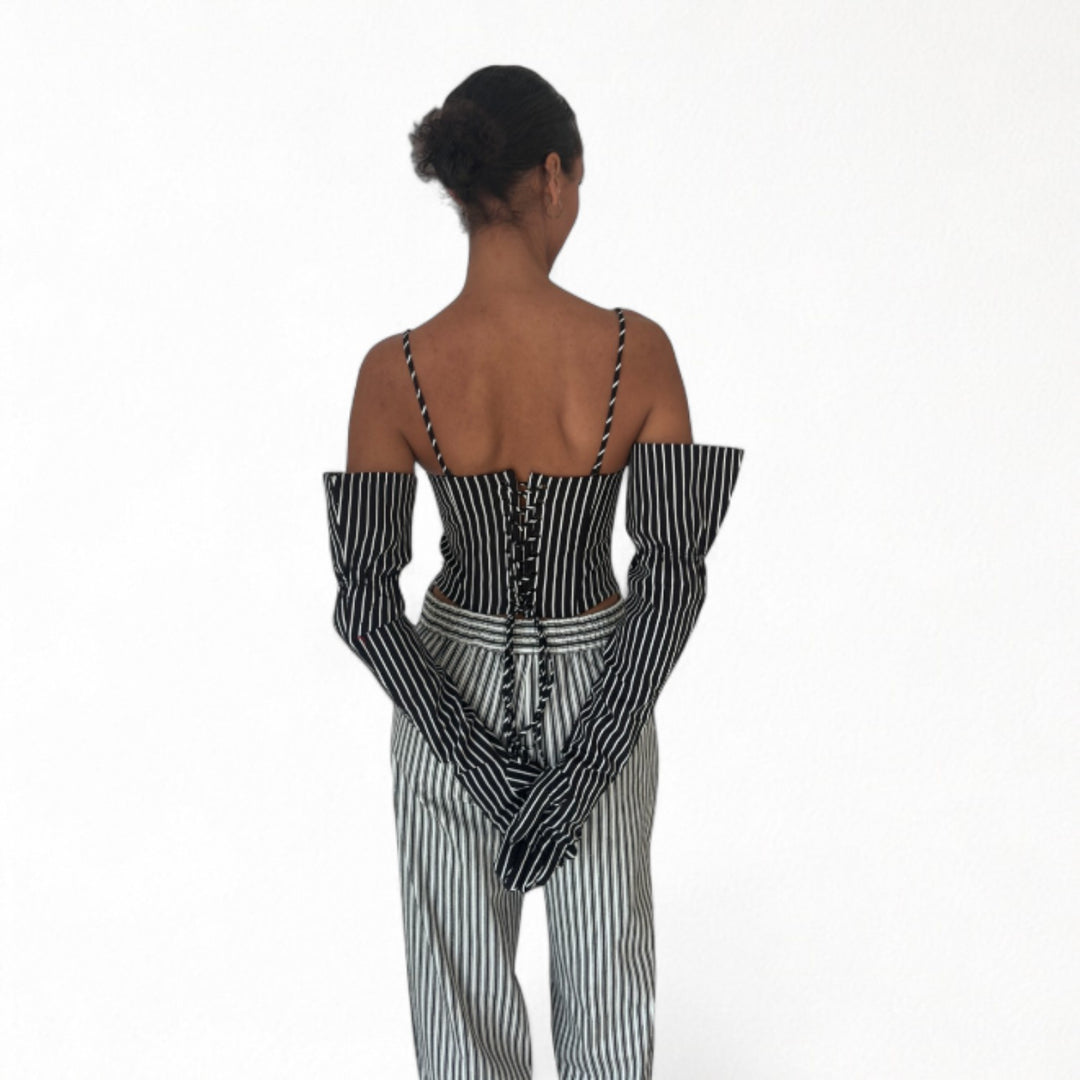 Black pinstripes sweetheart corset with long gloves