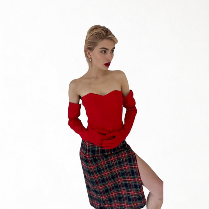 Red sweetheart corset with long gloves