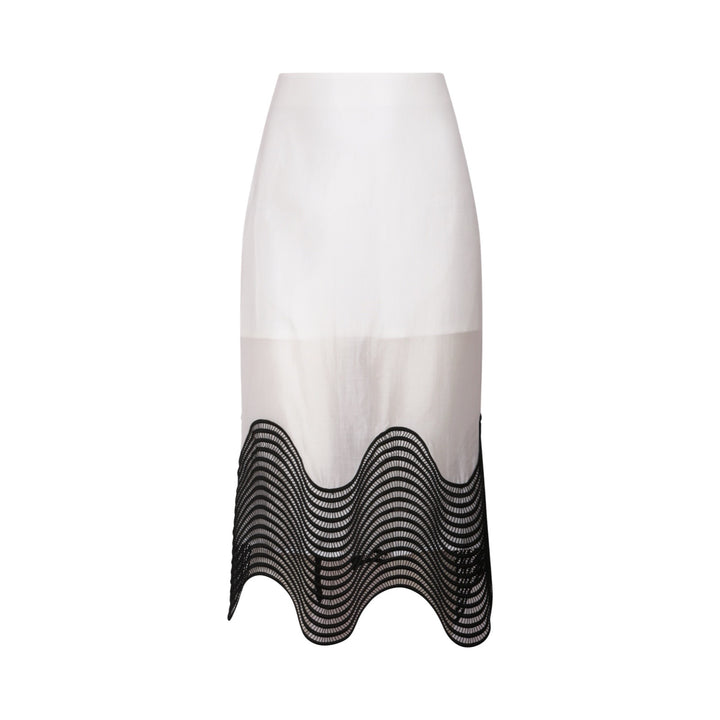 White Sheer Pencil Skirt With Black Embroidery