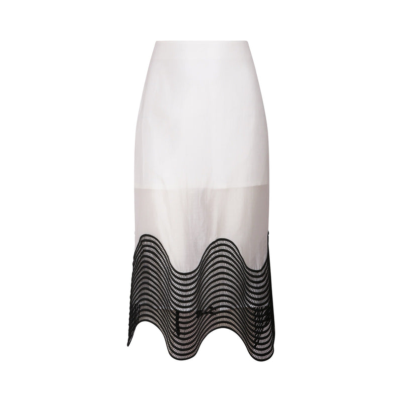 White Sheer Pencil Skirt With Black Embroidery