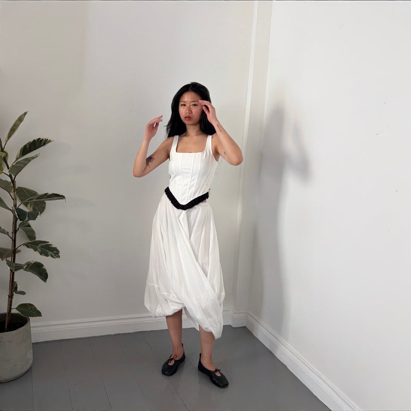 White Asymmetric Twisted Ballon Skirt