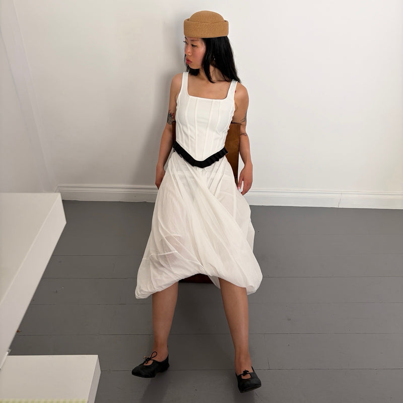White Asymmetric Twisted Ballon Skirt