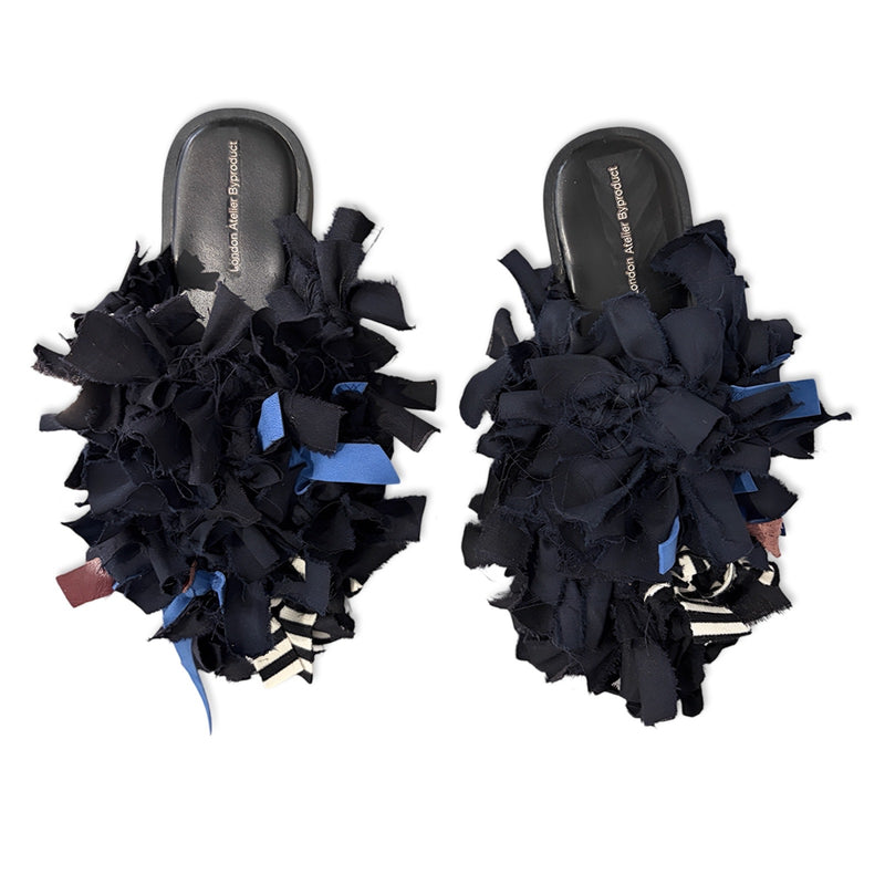 Pom Pom Black Fabric and Leather Mules Slip On Shoes