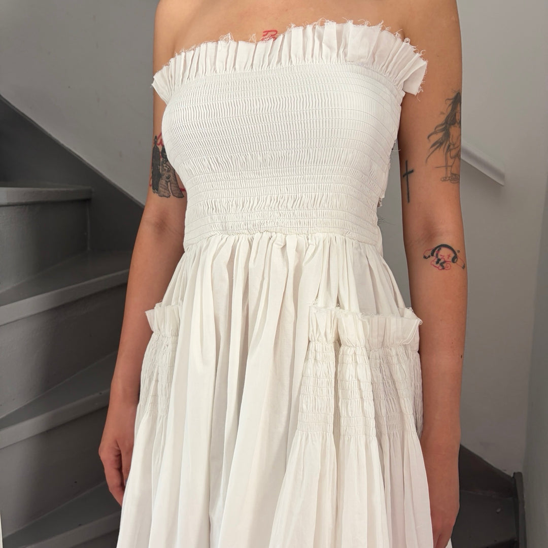 White Cotton Strapless Smocked Maxi Dress
