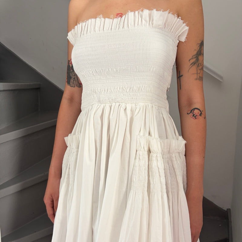 White Cotton Strapless Smocked Maxi Dress
