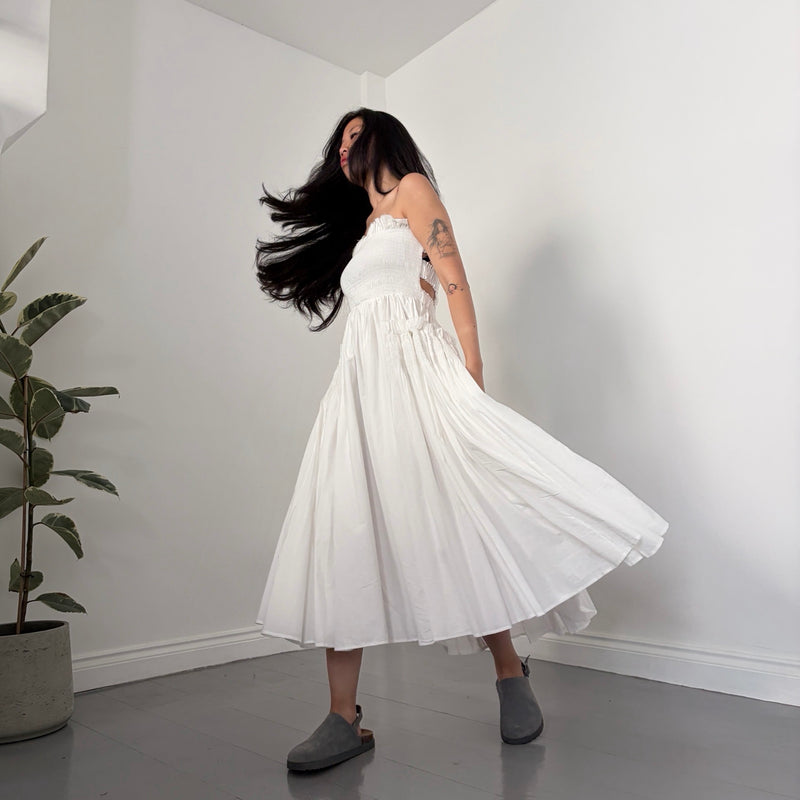 White Cotton Strapless Smocked Maxi Dress