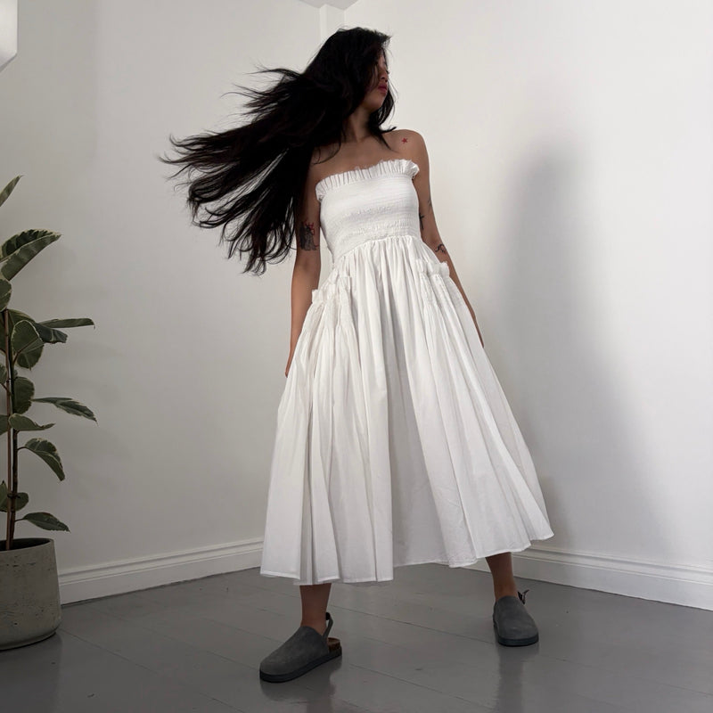 White Cotton Strapless Smocked Maxi Dress