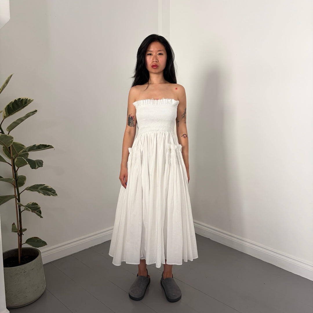 White Cotton Strapless Smocked Maxi Dress