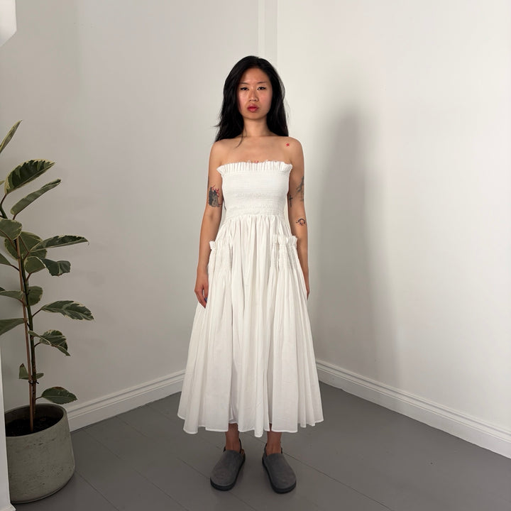 White Cotton Strapless Smocked Maxi Dress