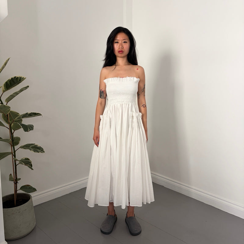 White Cotton Strapless Smocked Maxi Dress