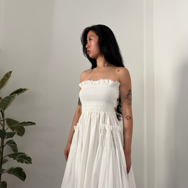 White Cotton Strapless Smocked Maxi Dress