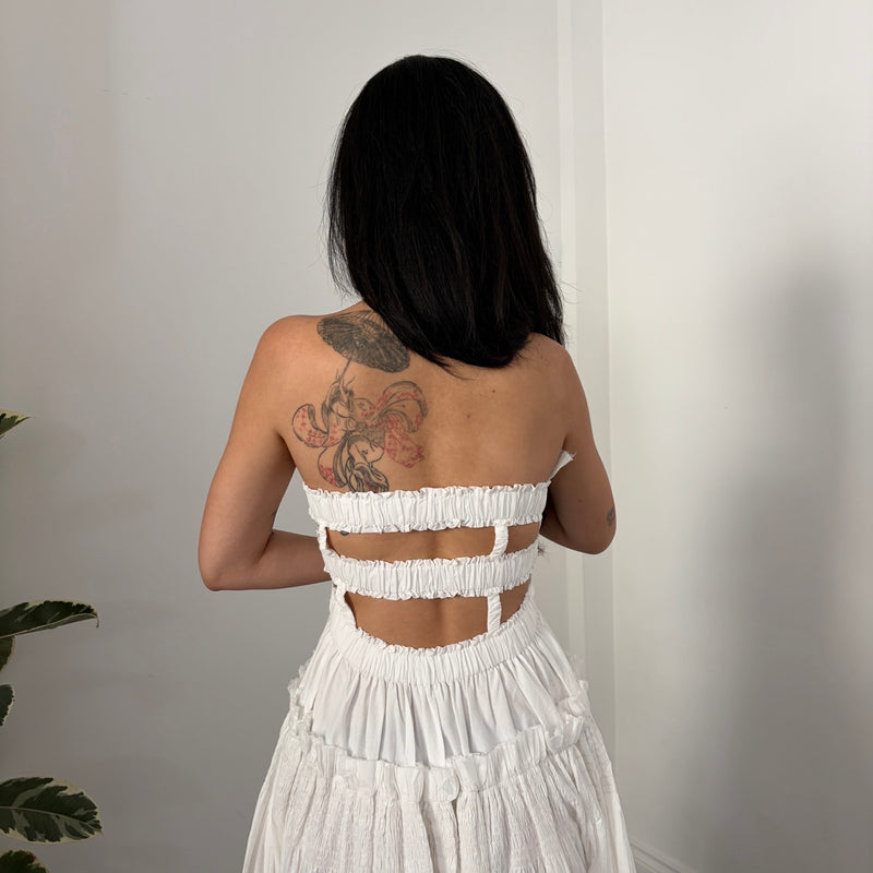 White Cotton Strapless Smocked Maxi Dress
