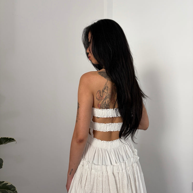 White Cotton Strapless Smocked Maxi Dress