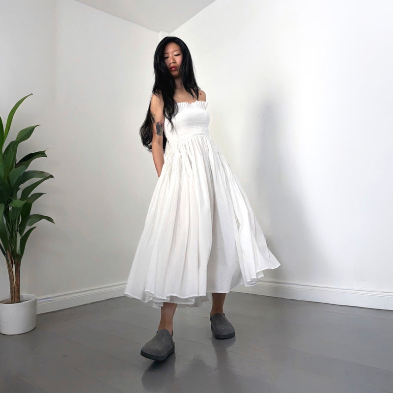 White Cotton Strapless Smocked Maxi Dress
