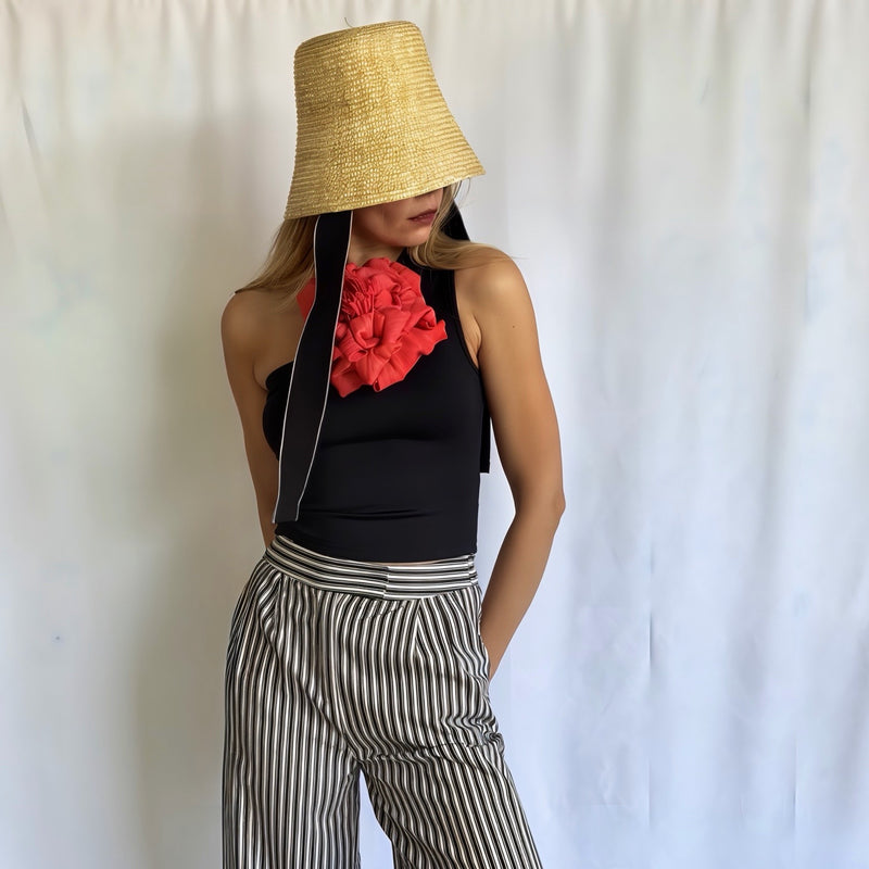 Black One Shoulder Top With Red Flower Pin