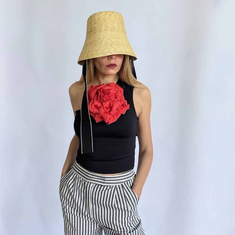 Black One Shoulder Top With Red Flower Pin
