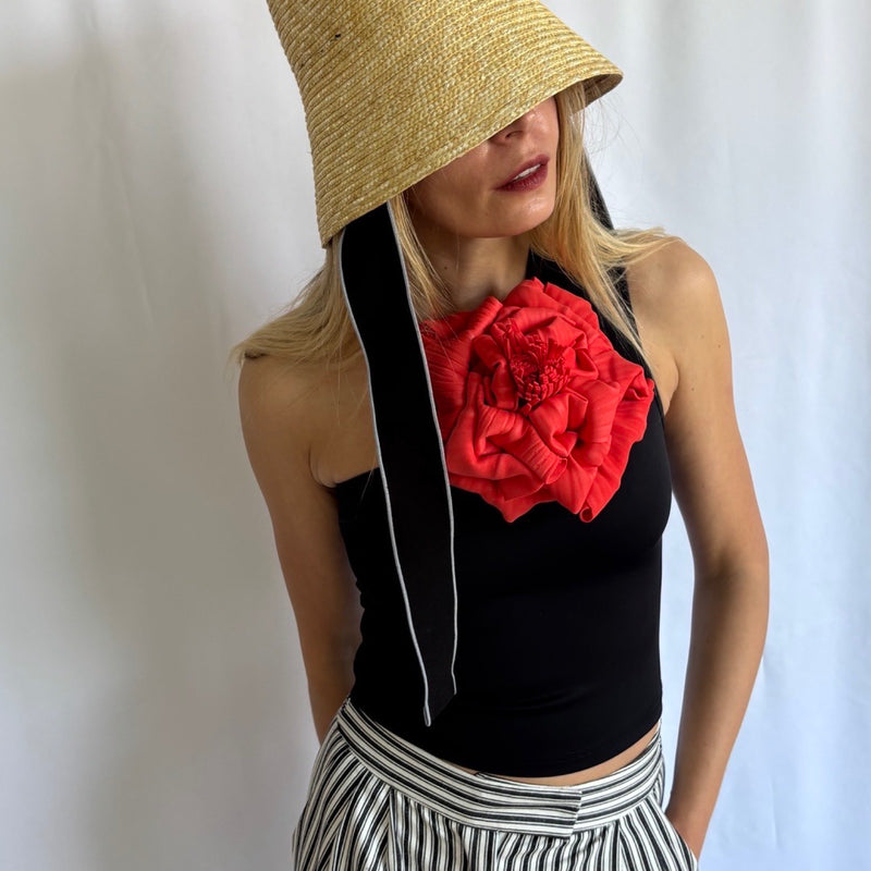 Black One Shoulder Top With Red Flower Pin