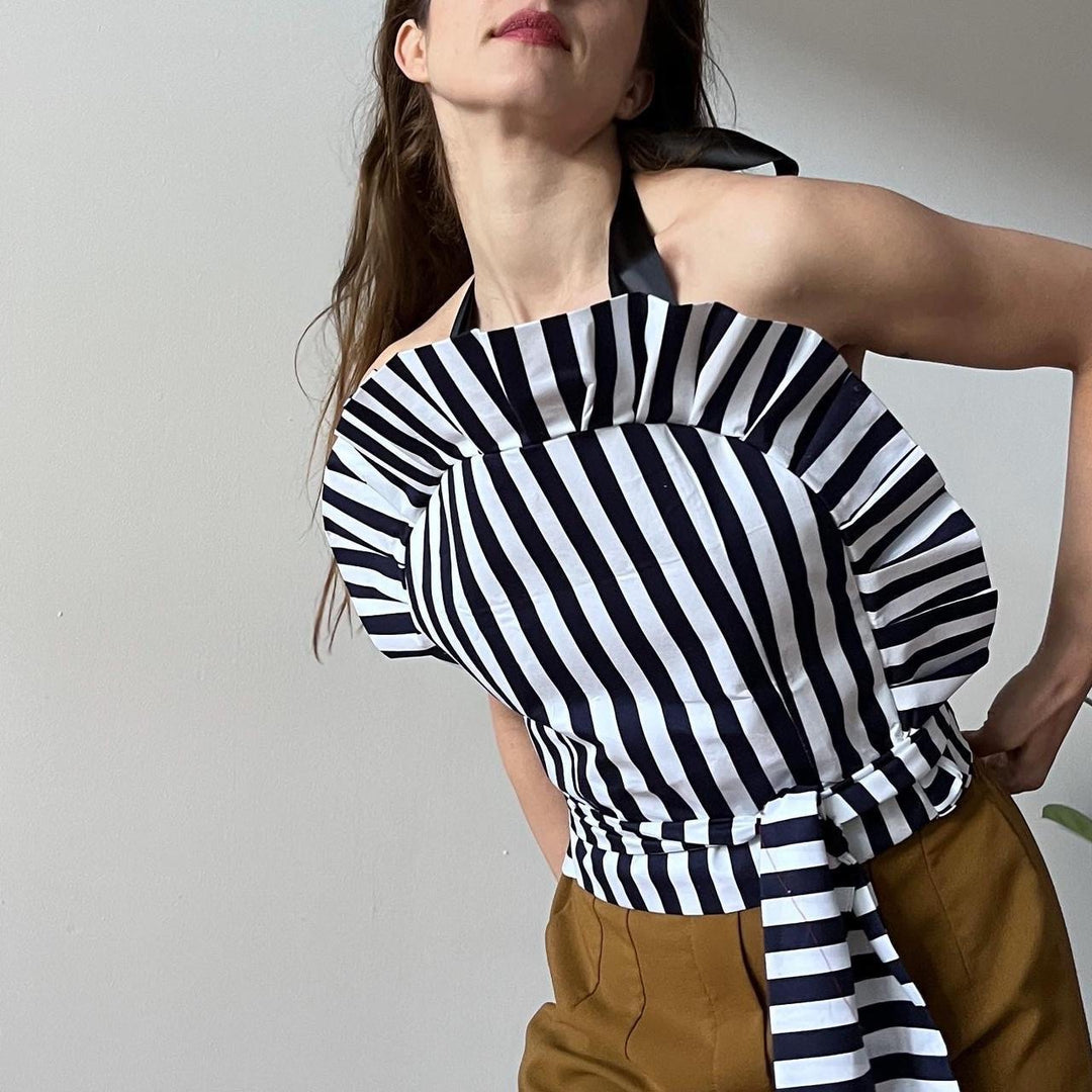 Black and white striped halter backless ruffle top