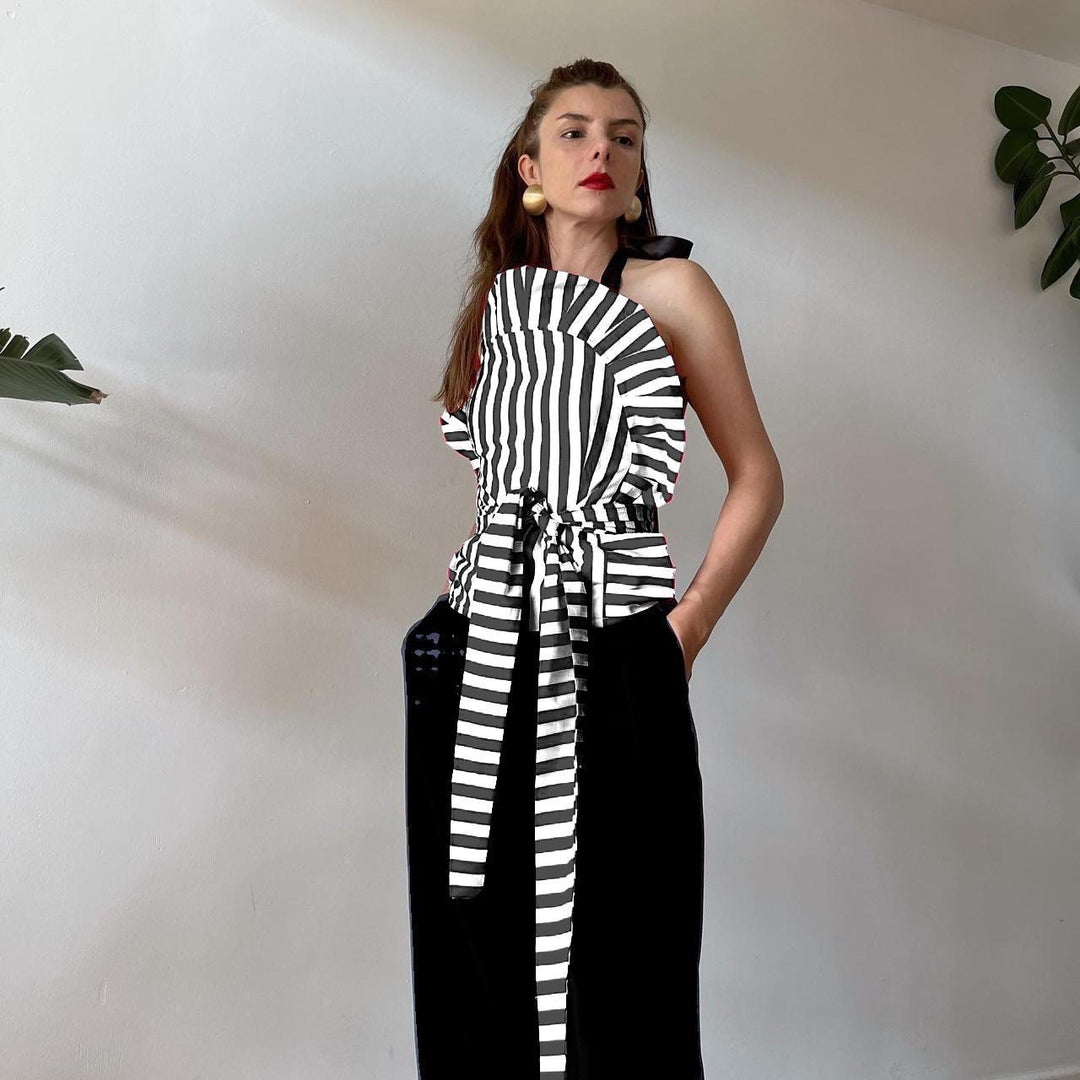 Black and white striped halter backless ruffle top