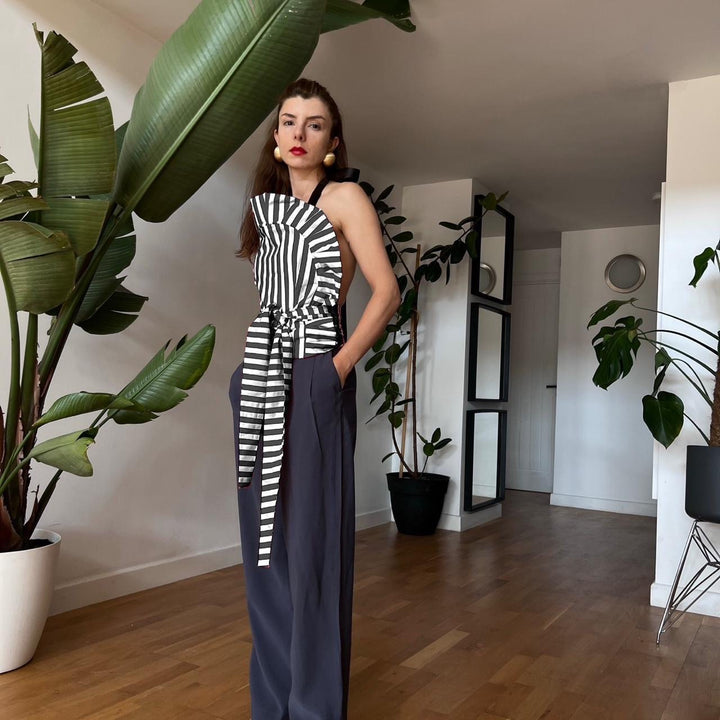 Black and white striped halter backless ruffle top