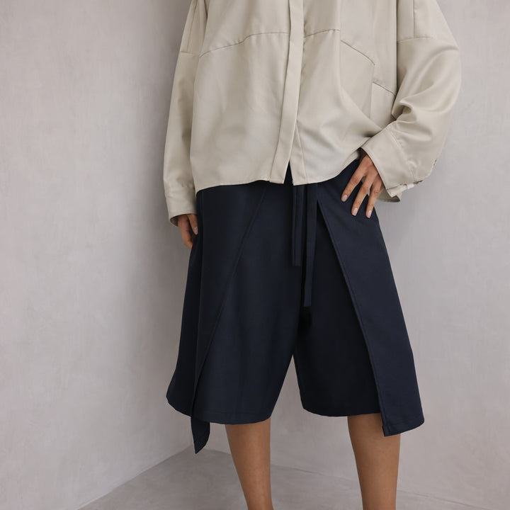 Navy Wool Wrap Culottes Trousers
