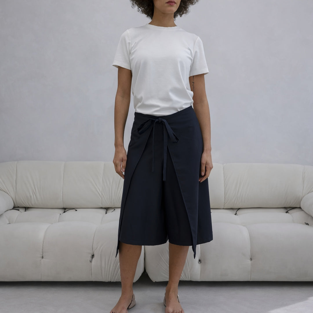 Navy Wool Wrap Culottes Trousers
