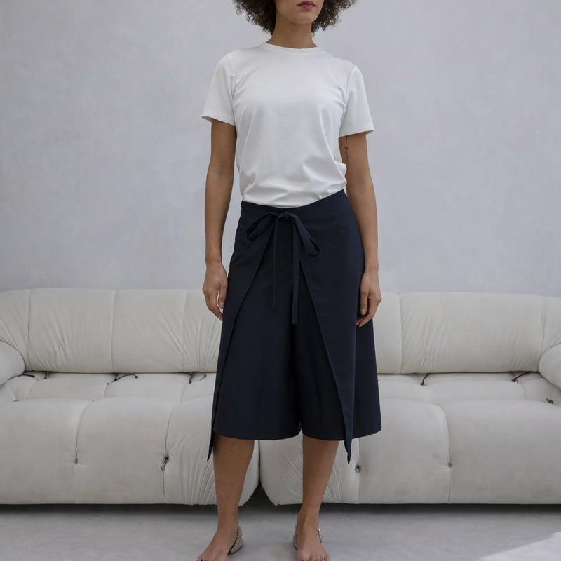 Navy Wool Wrap Culottes Trousers