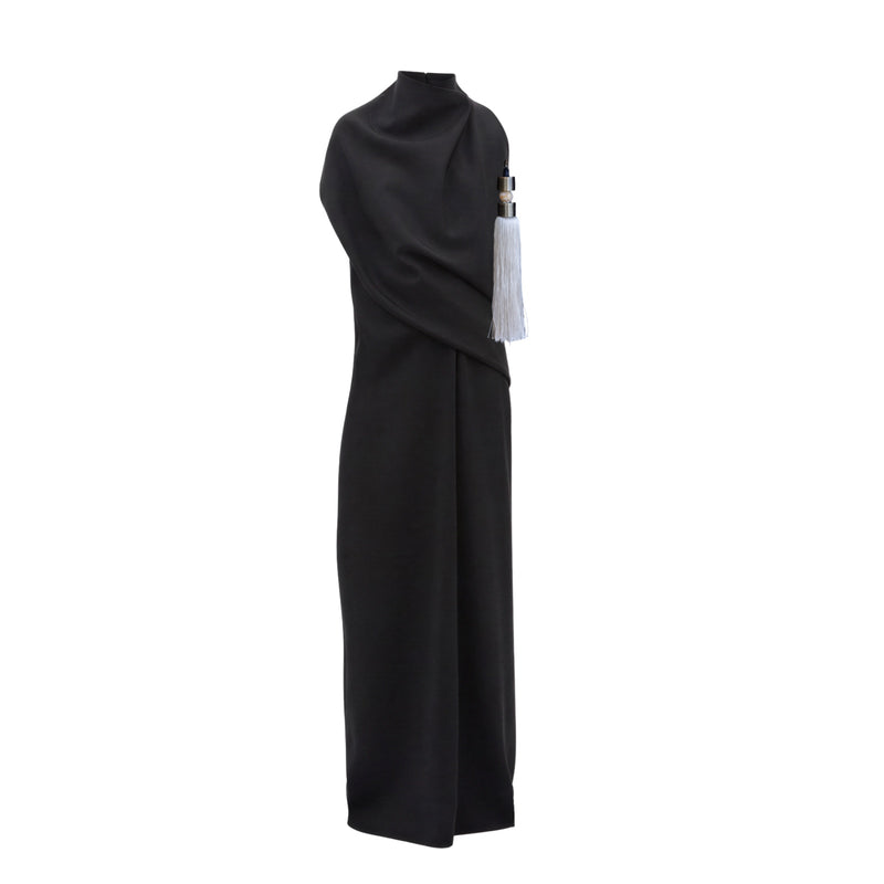 Black Long Asymmetrical Dress With White Tassel