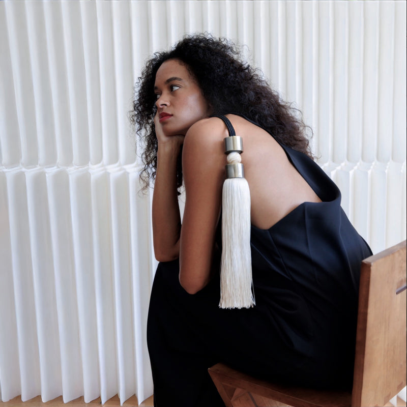 Black Long Asymmetrical Dress With White Tassel