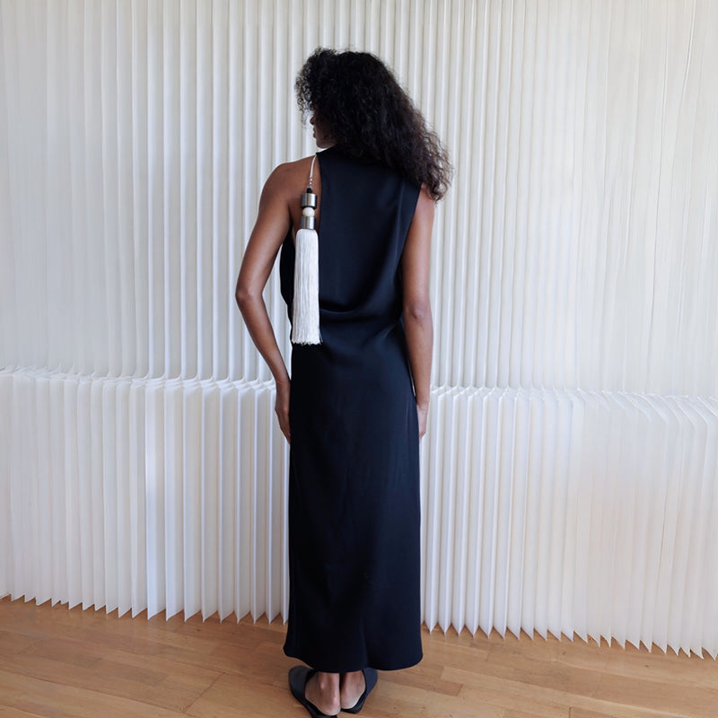 Black Long Asymmetrical Dress With White Tassel