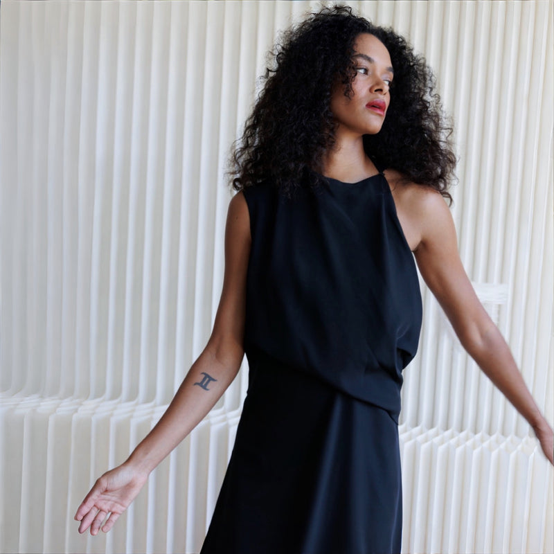Black Long Asymmetrical Dress With White Tassel