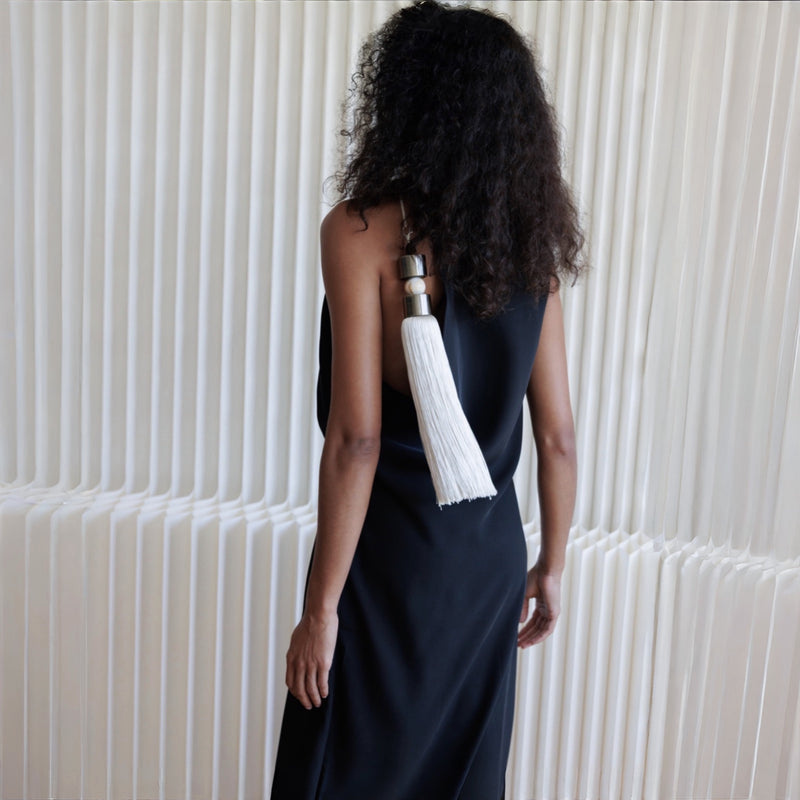 Black Long Asymmetrical Dress With White Tassel