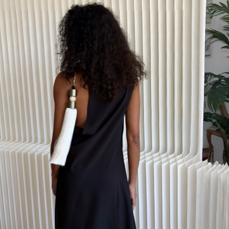 Black Long Asymmetrical Dress With White Tassel