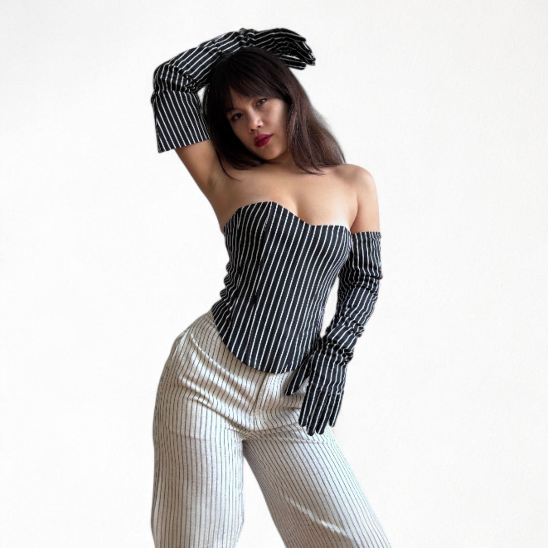Black pinstripes sweetheart corset with long gloves