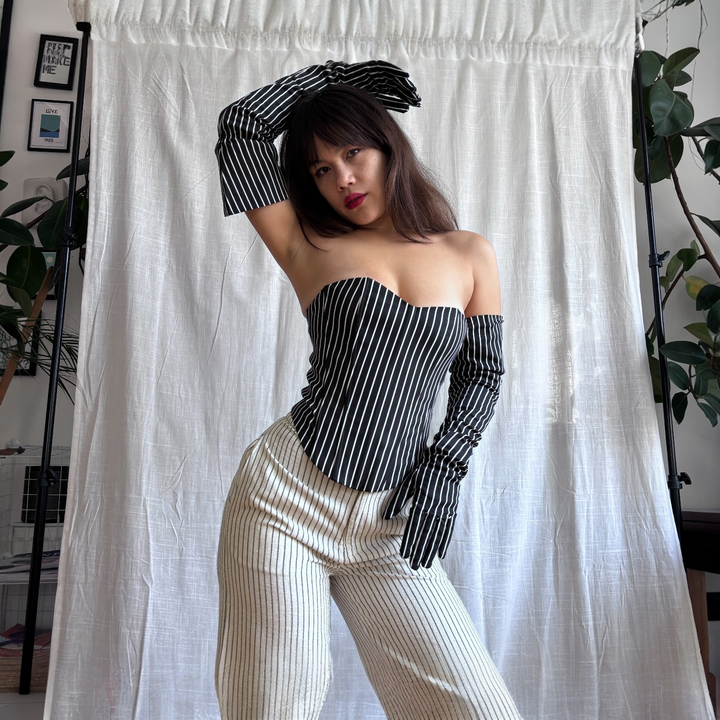 Black pinstripes sweetheart corset with long gloves