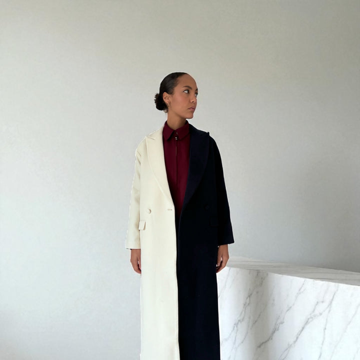 Navy And White Wool Double Breasted Trench Coat