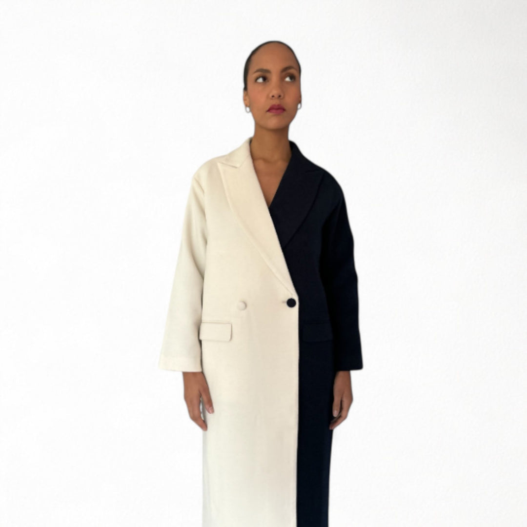 Navy And White Wool Double Breasted Trench Coat