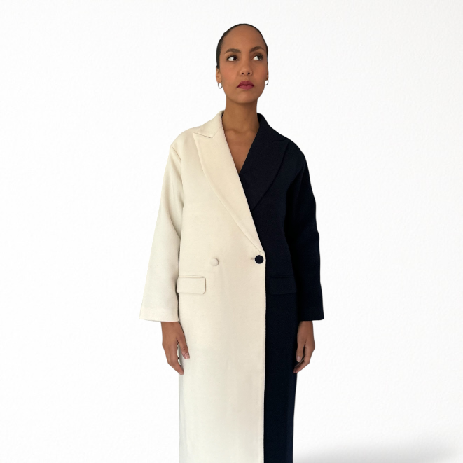 Navy And White Wool Double Breasted Trench Coat