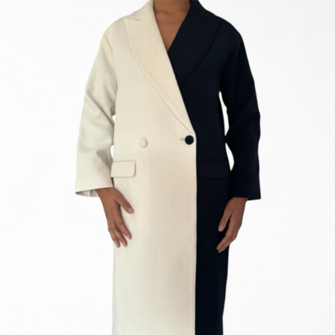Navy And White Wool Double Breasted Trench Coat