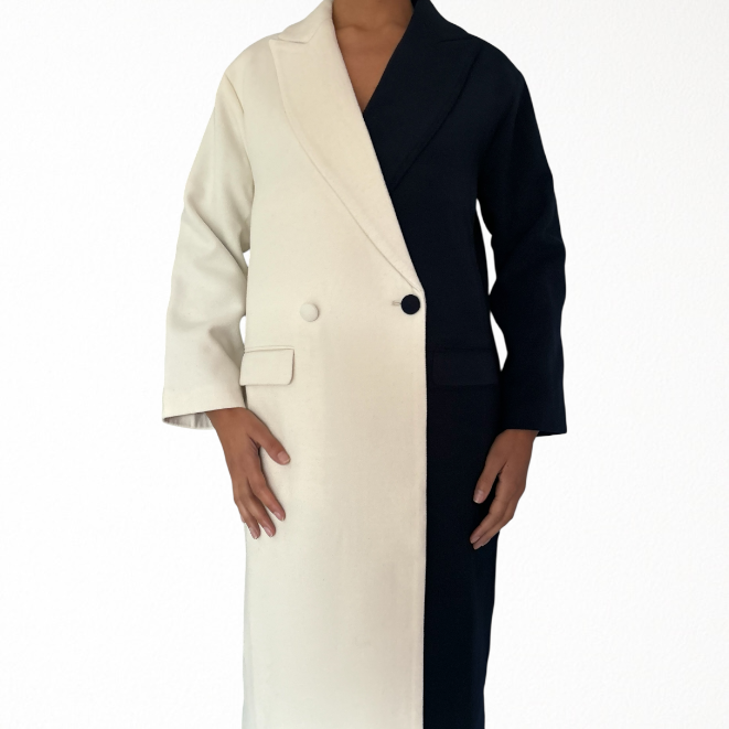 Navy And White Wool Double Breasted Trench Coat