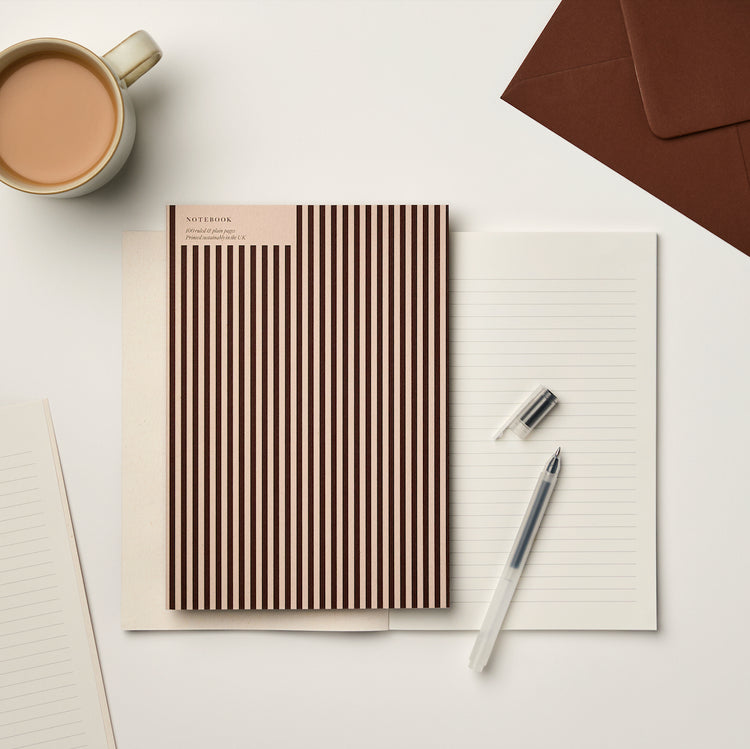 A5 Ruled + Plain Burgundy/Russet Stripe Notebook - by Kinshipped