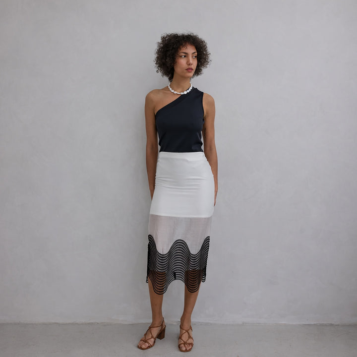 White Sheer Pencil Skirt With Black Embroidery