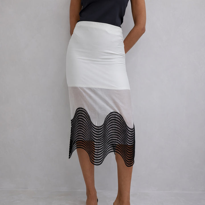 White Sheer Pencil Skirt With Black Embroidery