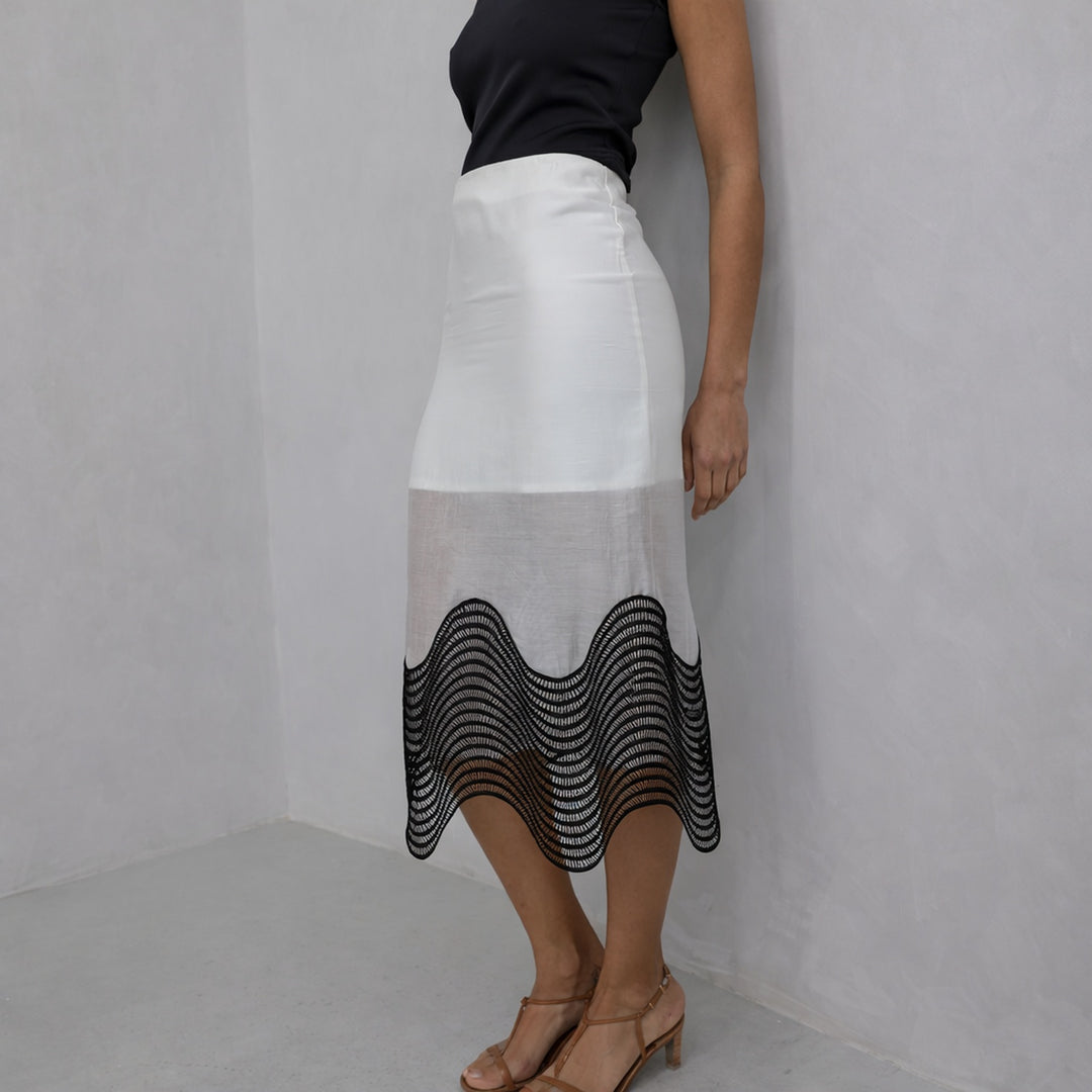 White Sheer Pencil Skirt With Black Embroidery