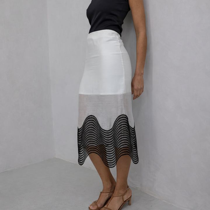 White Sheer Pencil Skirt With Black Embroidery
